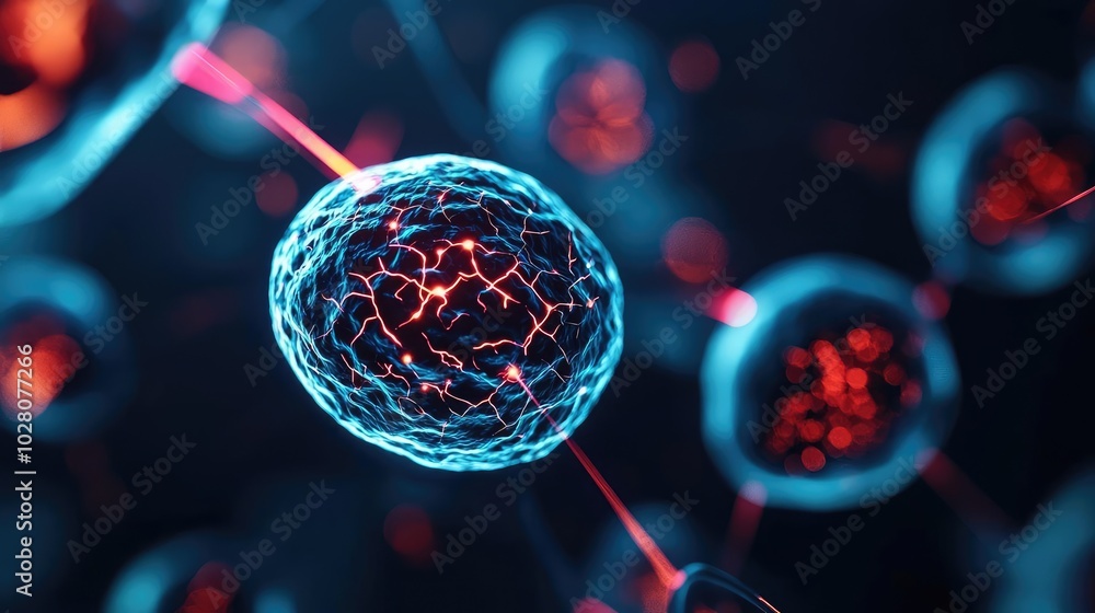Poster microscopic view of cells with glowing details in a dark environment.