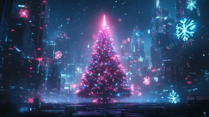 High-tech Christmas tree with fiber-optic branches glowing in changing neon colors, surrounded by holographic snowflakes, set against a futuristic cityscape, Sci-fi, Digital art