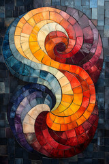 Fototapeta premium A colorful mosaic of a spiral with the letter S in the middle. The colors are red, yellow, blue, and green