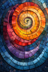 Naklejka premium A colorful mosaic of tiles with a spiral design. The colors are bright and vibrant, creating a sense of energy and movement. Scene is lively and dynamic, with the spiral design adding a sense of depth