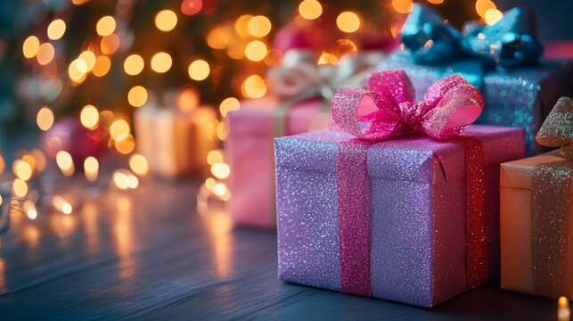 Chic Boxing Day gift table, vibrant holiday boxes with glittering bows, strings of twinkling lights wrapping the scene in a magical holiday glow