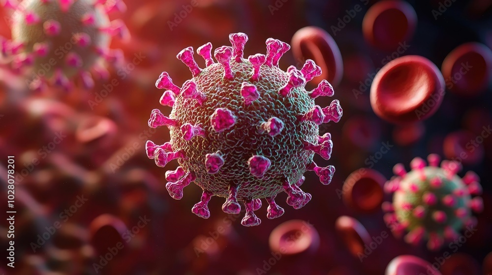 Poster 3d rendering of a virus attacking red blood cells, detailed and colorful visualization.