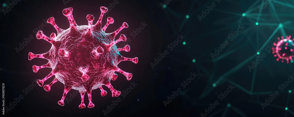 Poster 3d representation of a virus structure on a dark background.