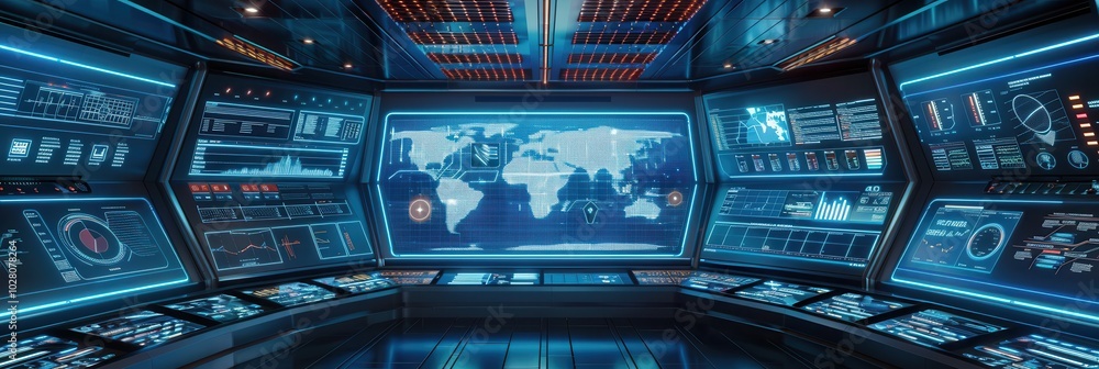 Poster large screens display logistics data and delivery routes as staff monitor operations in a high-tech 
