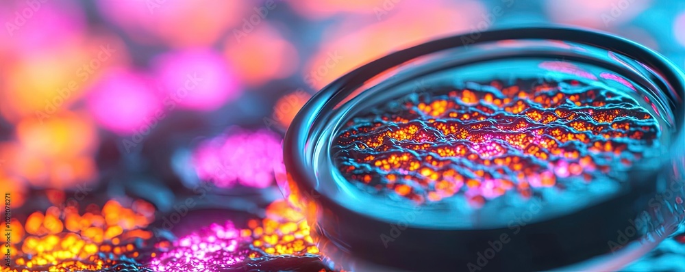 Poster macro view of colorful glitter particles in a magnifying glass, white isolate background.