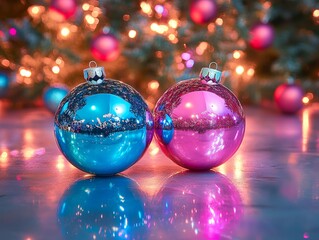 Futuristic neon Christmas decorations, bold blue and pink hues reflecting off glossy chrome, enhanced by sci-fi holographic lighting, a surreal tech-infused holiday image