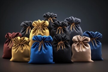 3D-rendered collection of packaging bags in a virtual space, with realistic lighting and textures showing the different materials and designs, ready for interactive exploration