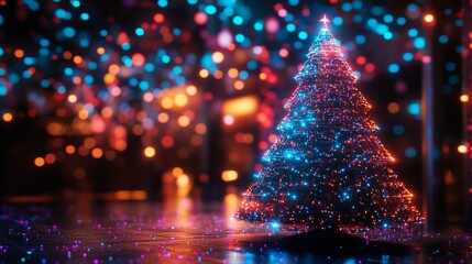 Christmas tree with AI-controlled RGB lights pulsing with the beat of music, high-tech ornaments, holographic background, glowing atmosphere, Digital, Futuristic