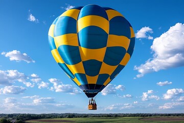 Obraz premium A blue and yellow hot air balloon floating in a bright summer sky, the colors standing out against the vast expanse of blue above