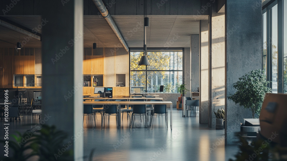 Poster modern office space featuring a large window with natural light and minimalist design elements