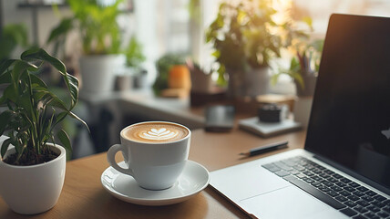 Cozy workspace with a latte, laptop, and indoor plants during a sunny afternoon