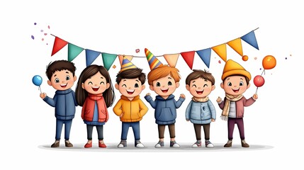 Fototapeta premium Emotional Birthday Scene Cheerful Group of Children Celebrating Birthday with Colorful Decorations