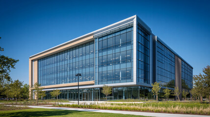 Obraz premium Modern glass building surrounded by greenery on a clear day in a contemporary urban area