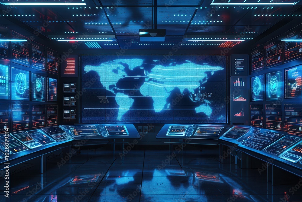 Poster the logistics control center operates with large screens displaying crucial delivery routes and data
