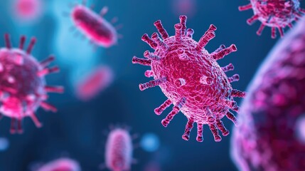 Detailed illustration of virus cells on a blue background, highlighting their structure.