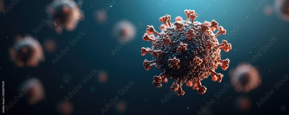 Poster detailed view of a virus cell, dynamic and colorful visualization.