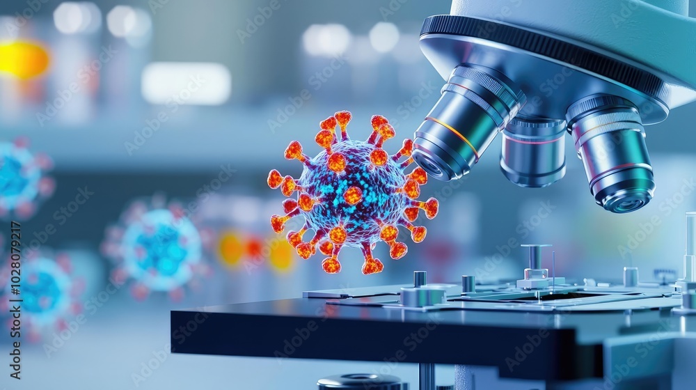 Poster microscope analyzing a virus structure in a laboratory setting.
