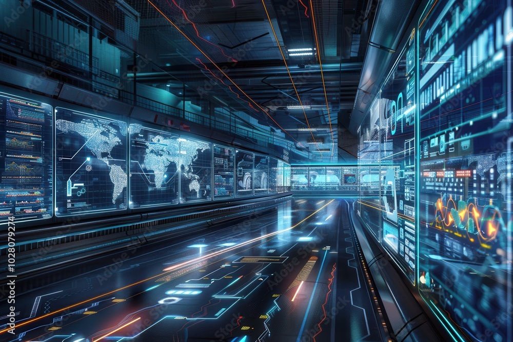 Poster a logistics control center features large screens showing delivery routes and real-time data, enhanc