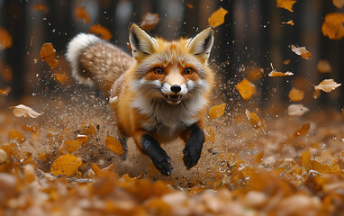 Obraz premium Autumn Leap: Red Fox in Motion Amidst Forest Beauty