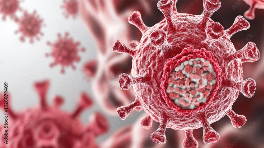 Poster close-up view of virus particles on a surface, intricate details and textures visible