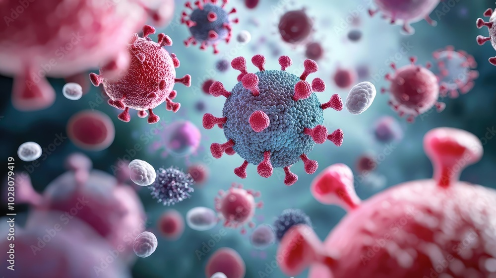 Poster colorful virus particles floating in a microscopic view, white isolate background.