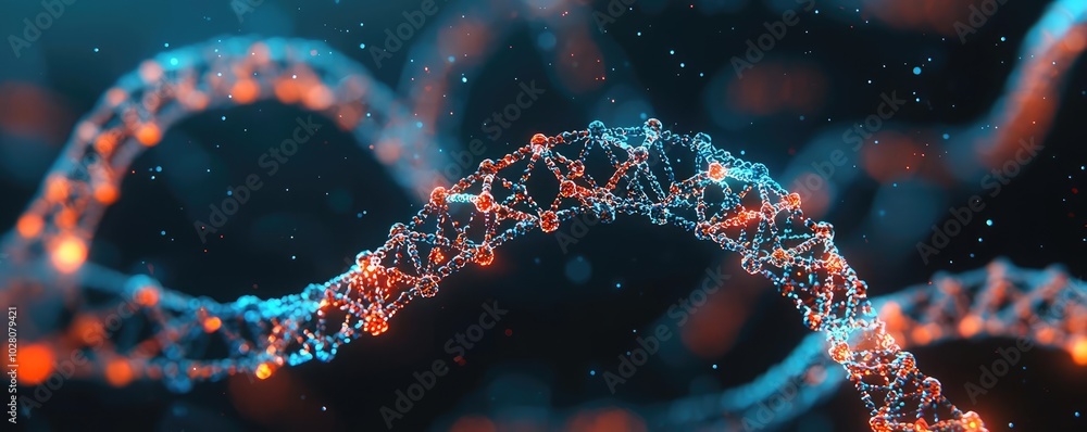 Poster abstract representation of dna strands with glowing particles on a dark background.