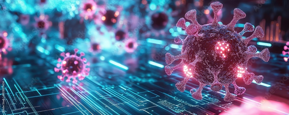Poster abstract digital depiction of virus with luminous elements on a circuit background.