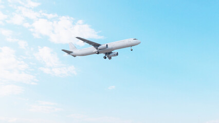 ULTRA HD. Airplane flies in blue sky. Travel. Airplane takes off against the background of blue sky.