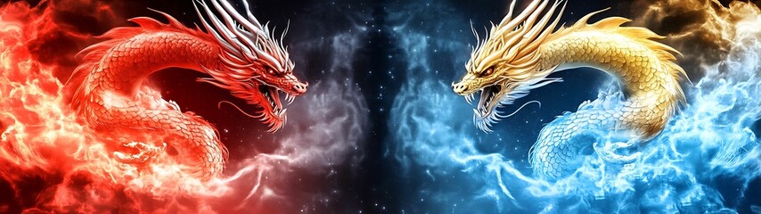 Divine Dragon Presence Fiery Red and Golden Dragons in Smoke and Flames on Dark Background