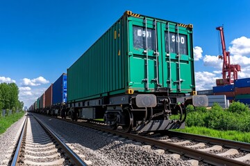 Obraz premium A line of freight cars rolling through an industrial area, loaded with containers, representing the vital role of rail transport in global trade