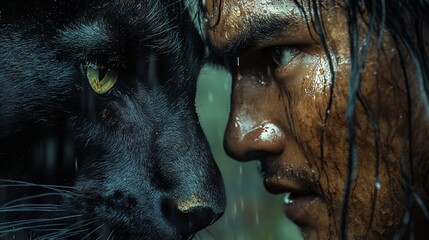 Close-up of a man and a black panther looking at each other intensely in the rain.