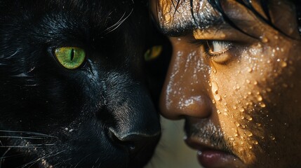 Close-up portrait of a man and a black cat with green eyes. The man is wet and has water droplets on his face. The cat is looking directly at the camera.