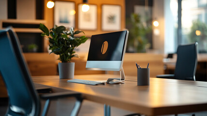 Modern workspace with a sleek desktop computer, greenery, and ambient lighting in a stylish office