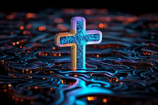 A modern Easter card featuring a holographic cross, shining in a digital landscape with bright colors and glowing elements, blending the message of Easter with futuristic technology