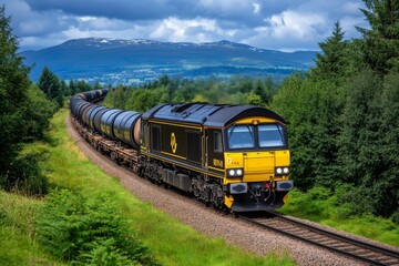 Obraz premium A powerful locomotive pulling a line of freight wagons, rumbling through a countryside landscape, with the rhythmic clatter of steel wheels on the tracks