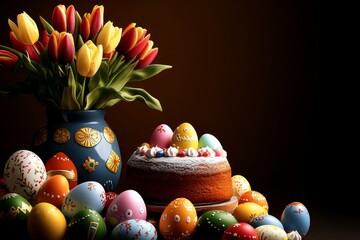 A realistic card featuring a decorated Easter table, with a vase of tulips, colorful eggs, and a traditional Easter cake, conveying the warmth and togetherness of the holiday