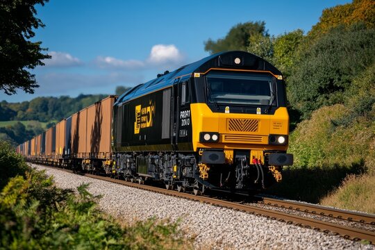 A powerful locomotive pulling a line of freight wagons, rumbling through a countryside landscape, with the rhythmic clatter of steel wheels on the tracks