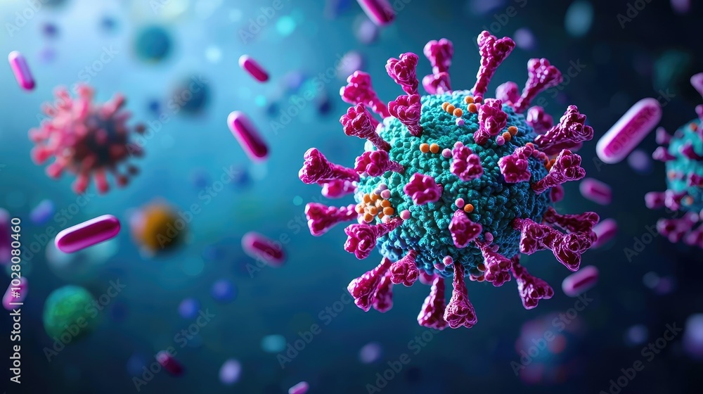 Poster colorful virus particles floating in a microscopic view with dynamic background.