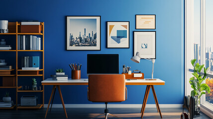 Modern office workspace with blue walls and plants during daytime in a city setting