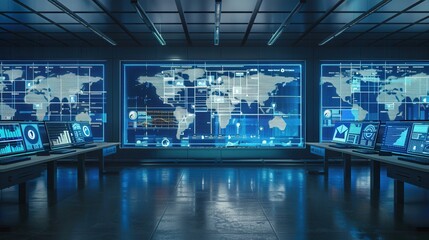 A modern logistics control center featuring large screens that showcase real-time delivery information and route optimization data. Generative AI