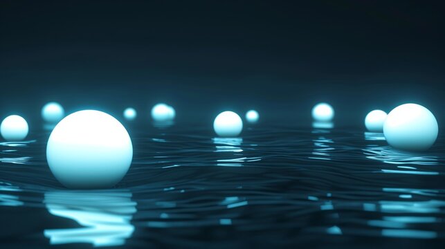 Wallpaper Abstract 3d rendering of glowing spheres floating on a rippling water surface, creating a serene and mystical ambiance