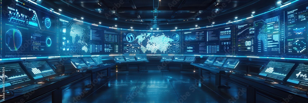 Poster the control center is busy with professionals monitoring delivery logistics on expansive screens sho