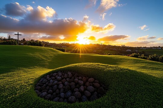 An Easter card with a peaceful sunrise over a hill, symbolizing renewal and hope, with a subtle cross in the background and the message, "He is Risen