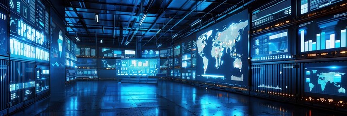 The logistics control center features multiple large screens displaying dynamic delivery and route information for efficient operations. Generative AI