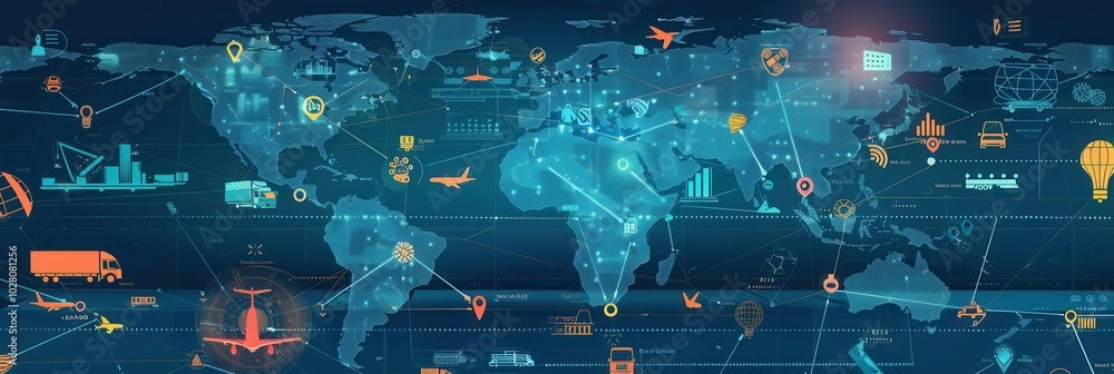 Poster this graphic displays a world map featuring highlighted transport routes and icons representing diff