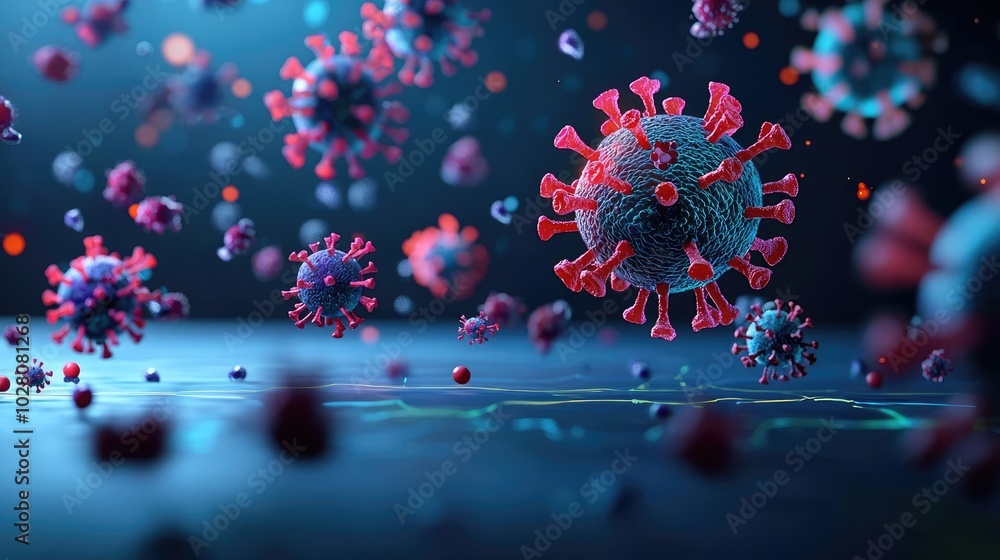 Poster close-up view of virus particles, digital rendering on a dark background.
