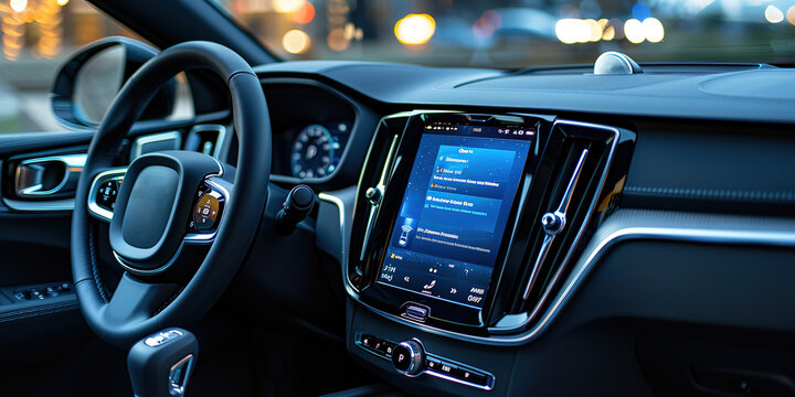 Sleek car dashboard featuring a large touchscreen infotainment system displaying navigation and music controls. luxury, interior, design, user, interface, opy space for text or branding