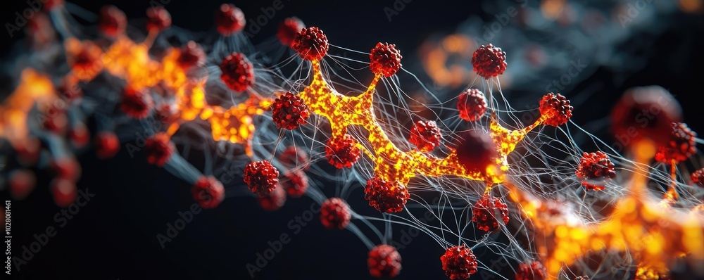 Aufkleber close-up view of molecular structure with glowing elements on dark background.