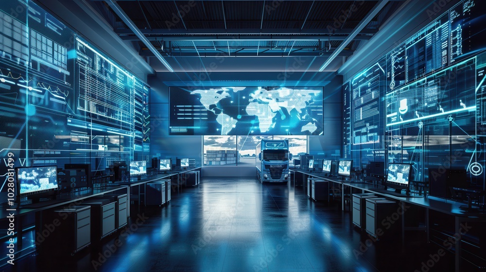 Poster the control center showcases advanced technology with large displays showing delivery routes and log