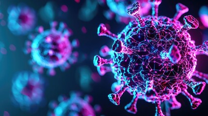 Colorful 3D representation of a virus with a dark background.